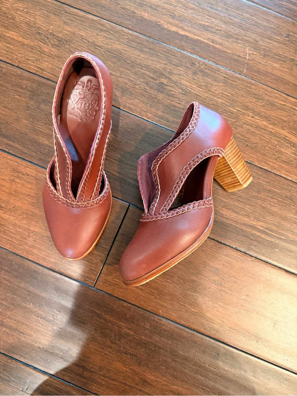 ELF Cognac Braided Leather Block Heel Pumps